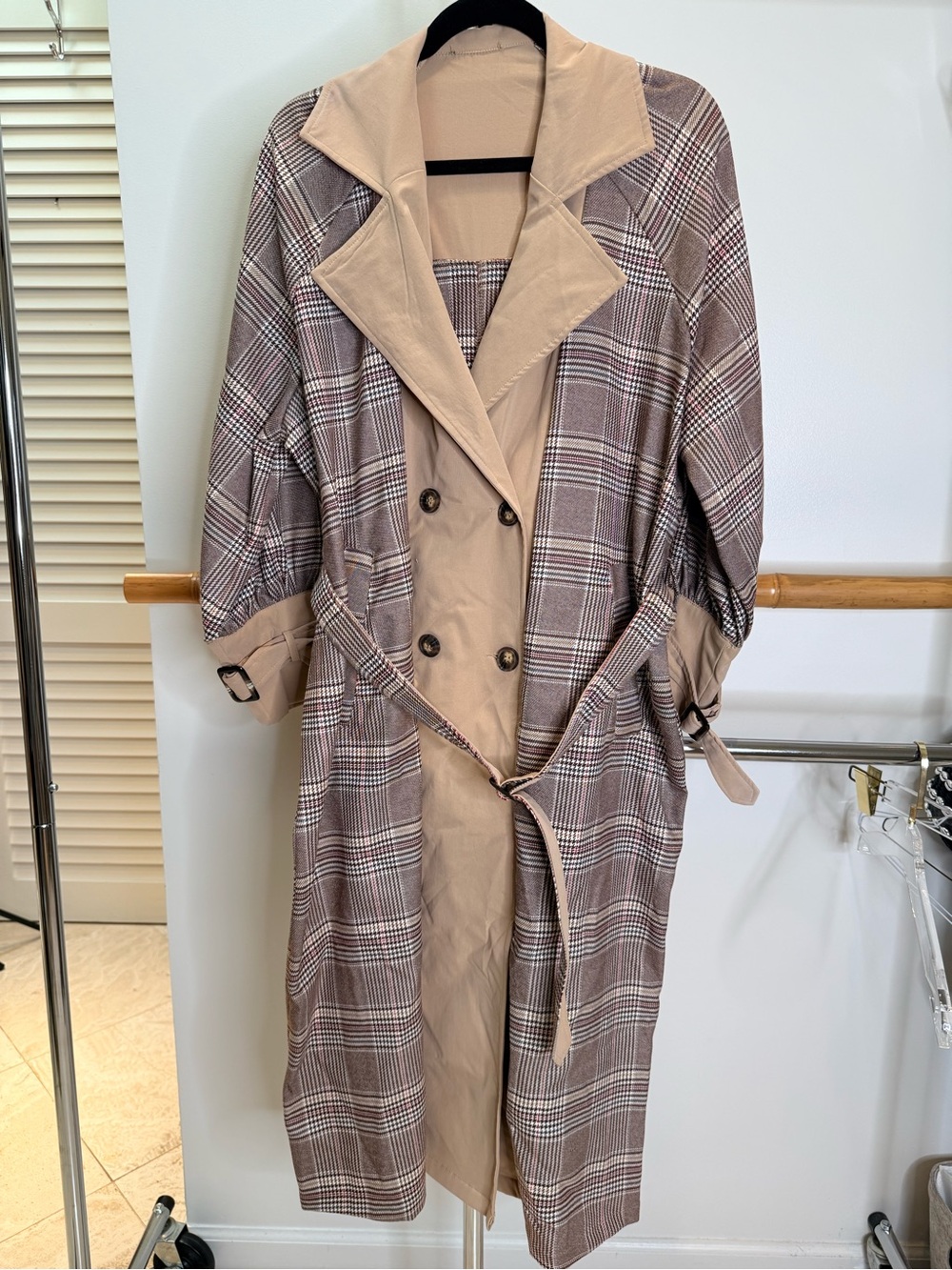 Plaid Colorblock Trench Coat Small Tan Brown Belted Longline VGUC